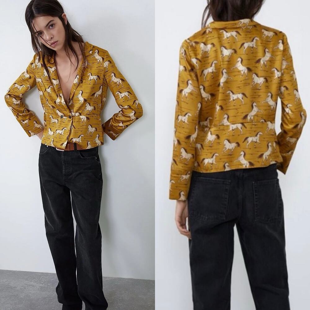 Zara Horse Print Satin Western Blazer Equestrian Boho Jacket XS